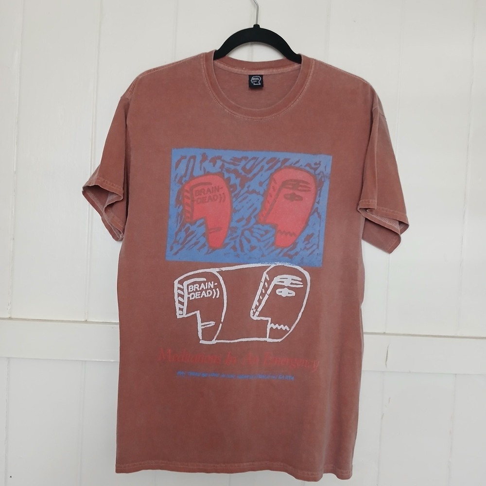 Brain Dead T-Shirt Spell Out Logo Mens Small Red Heather Cotton Meditations SS *